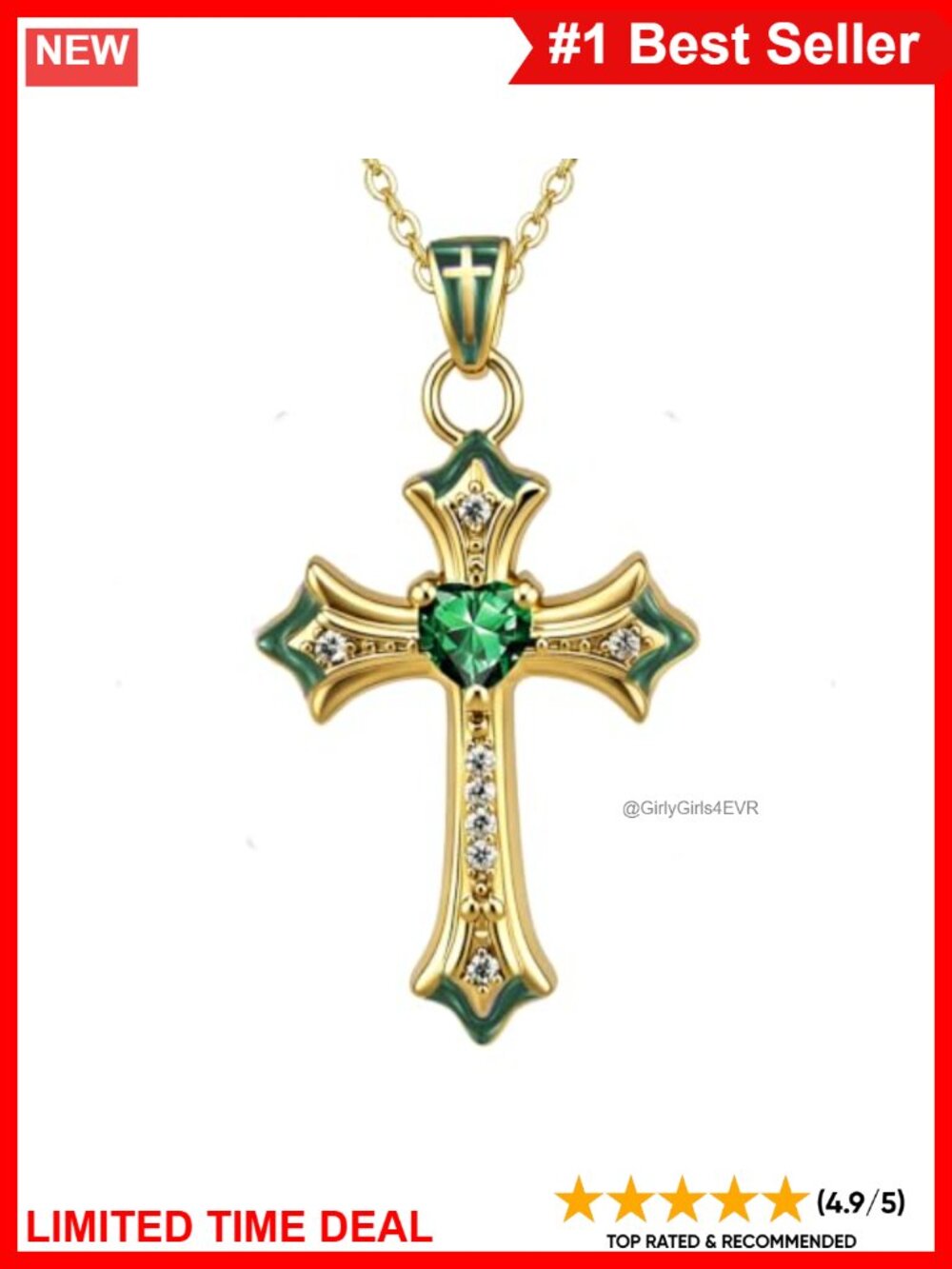 14K Gold Plated Cross Necklace Heart CZ Pendant Religious Gift for Women